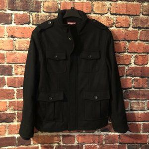 Merona Mens Size Large Black Wool Blend Zip Button Front Coat
